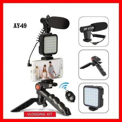 AY-49 Vlogger Kit with Mic Light Tripod Remote Black